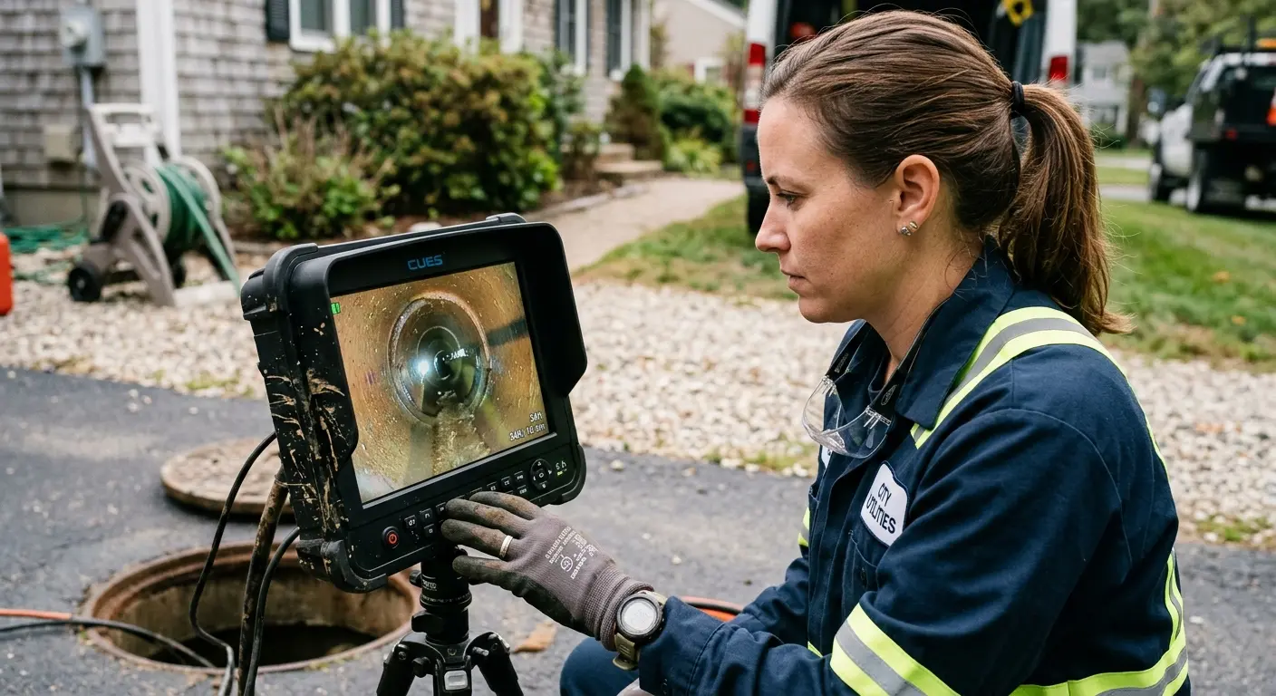 Technician reviewing sewer camera inspection footage in Murrells Inlet