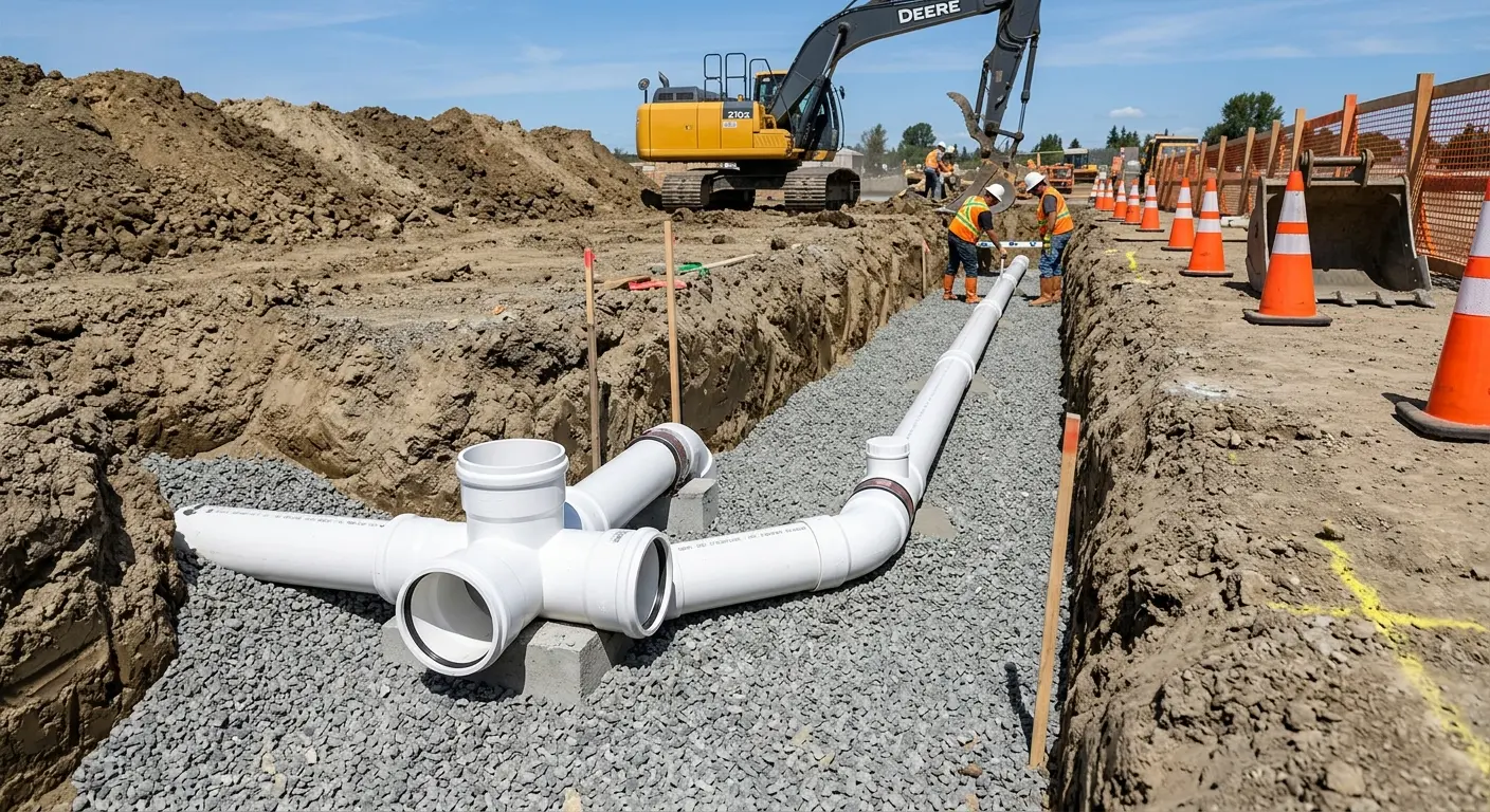 New PVC sewer pipe installation in open trench for Grease Trap Cleaning in Murrells Inlet
