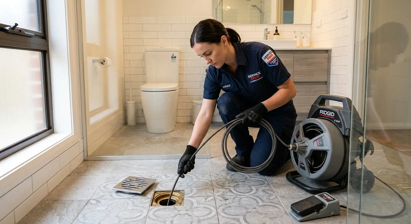 Technician clearing a bathroom floor drain for Hydro Jetting in Murrells Inlet